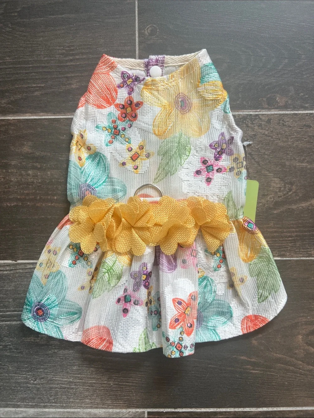 Warm Multicolor Floral Dog Dress with Yellow Flower Belt